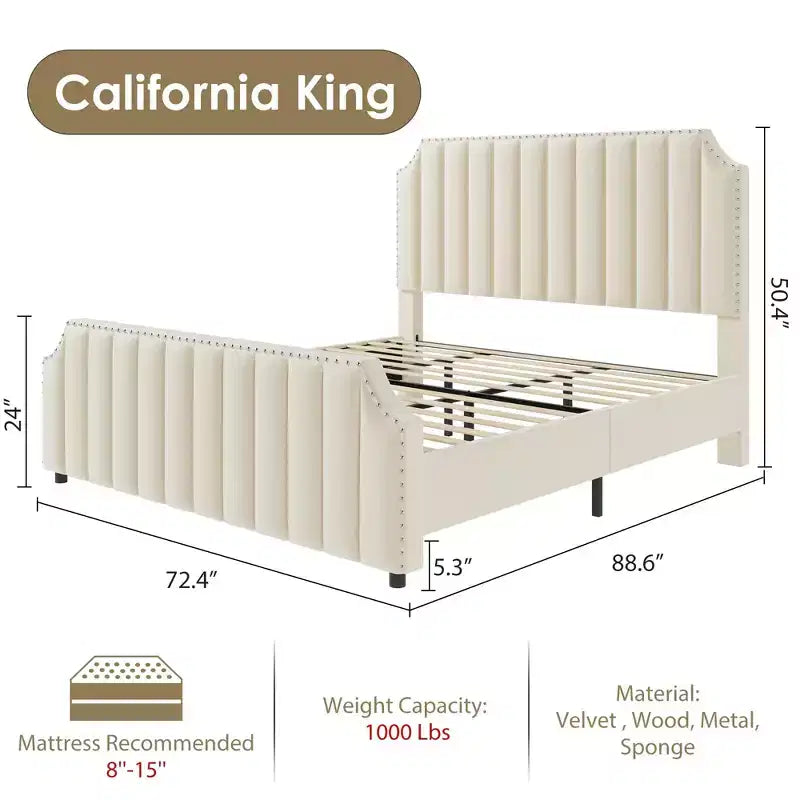 California King Size Platform Bed Frame with 50.2 Tall Headboard, Upholstered Bed with Vertical Channel Tufted Headboard & Footboard, Nailhead Trim