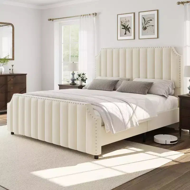 California King Size Platform Bed Frame with 50.2 Tall Headboard, Upholstered Bed with Vertical Channel Tufted Headboard & Footboard, Nailhead Trim