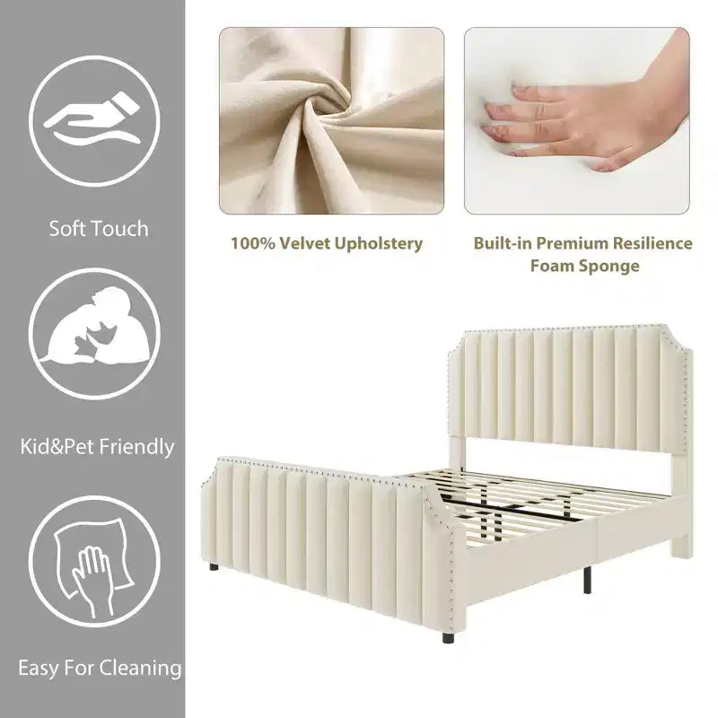California King Size Platform Bed Frame with 50.2 Tall Headboard, Upholstered Bed with Vertical Channel Tufted Headboard & Footboard, Nailhead Trim