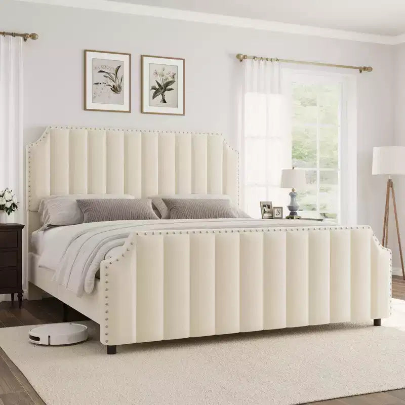 California King Size Platform Bed Frame with 50.2 Tall Headboard, Upholstered Bed with Vertical Channel Tufted Headboard & Footboard, Nailhead Trim