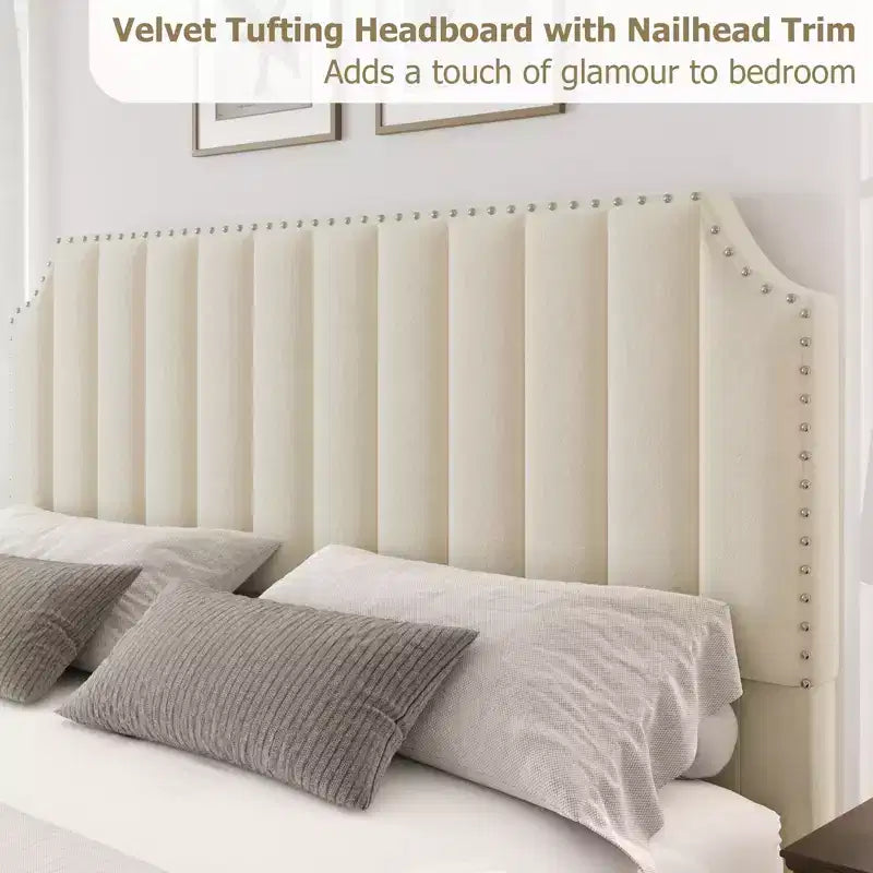 California King Size Platform Bed Frame with 50.2 Tall Headboard, Upholstered Bed with Vertical Channel Tufted Headboard & Footboard, Nailhead Trim