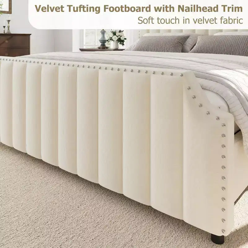 California King Size Platform Bed Frame with 50.2 Tall Headboard, Upholstered Bed with Vertical Channel Tufted Headboard & Footboard, Nailhead Trim
