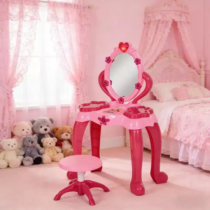 Etokfoks Kids Vanity Table with Stool Interactive Light Up Mirror and Sound 15 Accessories Pink Child Safe for Ages 3 to 6 17 in Wide