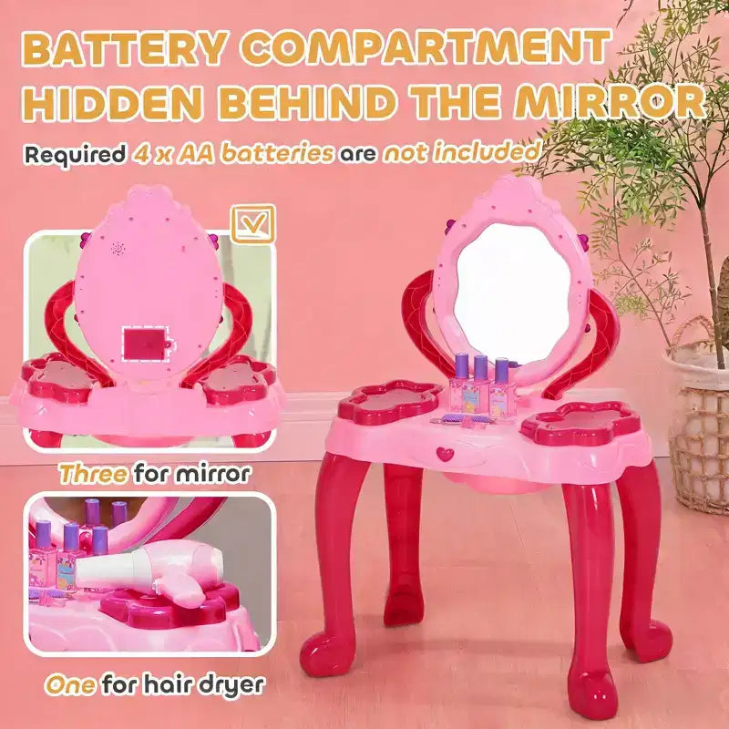 Etokfoks Kids Vanity Table with Stool Interactive Light Up Mirror and Sound 15 Accessories Pink Child Safe for Ages 3 to 6 17 in Wide