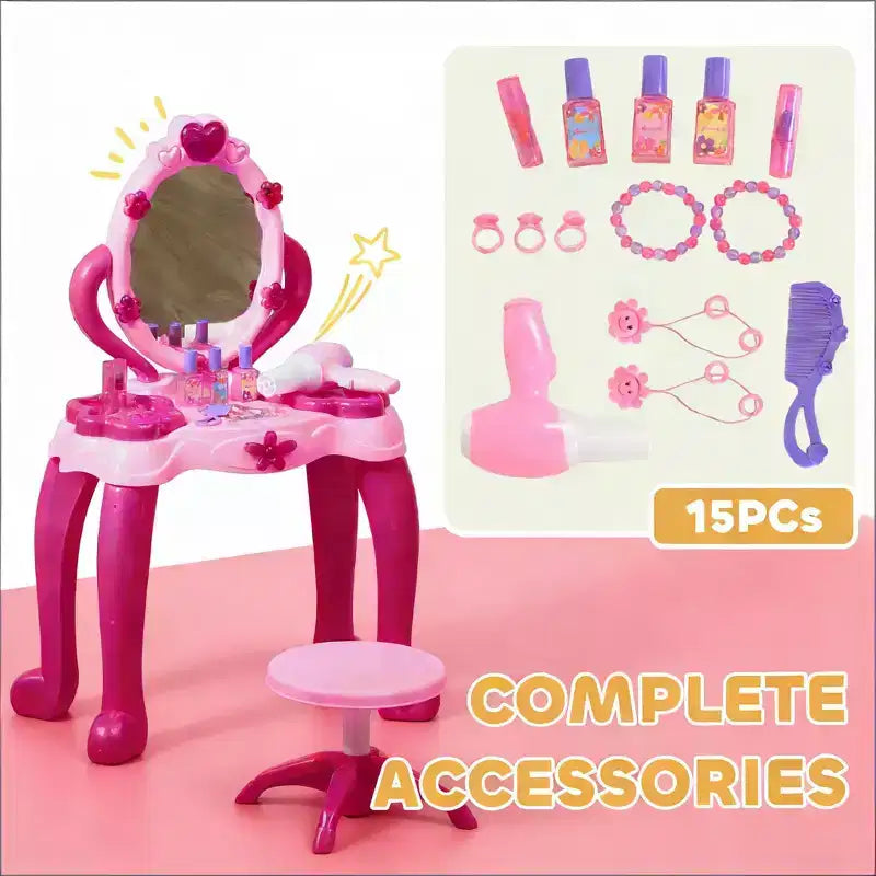 Etokfoks Kids Vanity Table with Stool Interactive Light Up Mirror and Sound 15 Accessories Pink Child Safe for Ages 3 to 6 17 in Wide