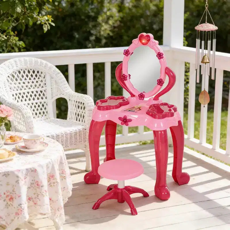 Etokfoks Kids Vanity Table with Stool Interactive Light Up Mirror and Sound 15 Accessories Pink Child Safe for Ages 3 to 6 17 in Wide