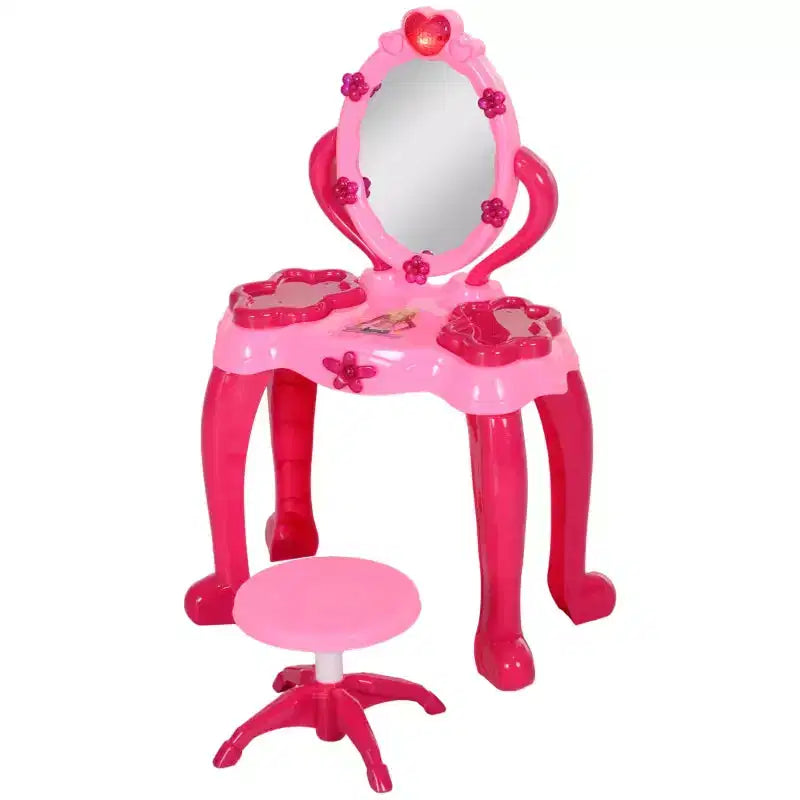 Etokfoks Kids Vanity Table with Stool Interactive Light Up Mirror and Sound 15 Accessories Pink Child Safe for Ages 3 to 6 17 in Wide