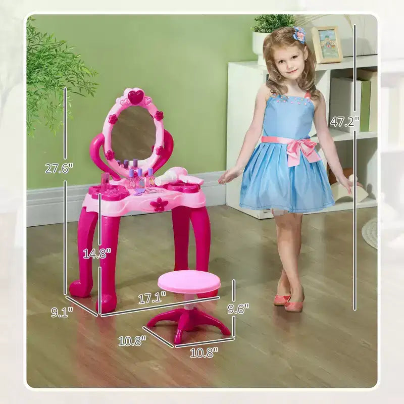 Etokfoks Kids Vanity Table with Stool Interactive Light Up Mirror and Sound 15 Accessories Pink Child Safe for Ages 3 to 6 17 in Wide