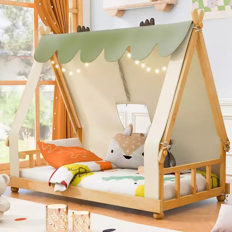Twin/Full Size House Bed with Light and Tent, Montessori Floor Bed Play and Sleep Bed for Girls Boys Bedroom