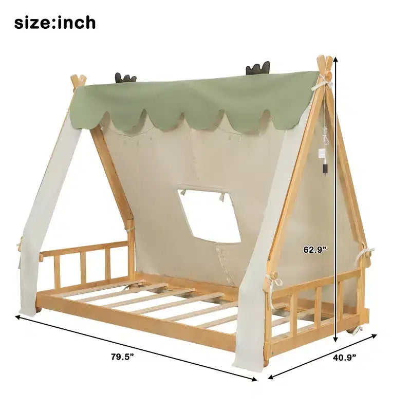 Twin/Full Size House Bed with Light and Tent, Montessori Floor Bed Play and Sleep Bed for Girls Boys Bedroom