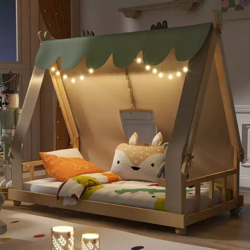 Twin/Full Size House Bed with Light and Tent, Montessori Floor Bed Play and Sleep Bed for Girls Boys Bedroom