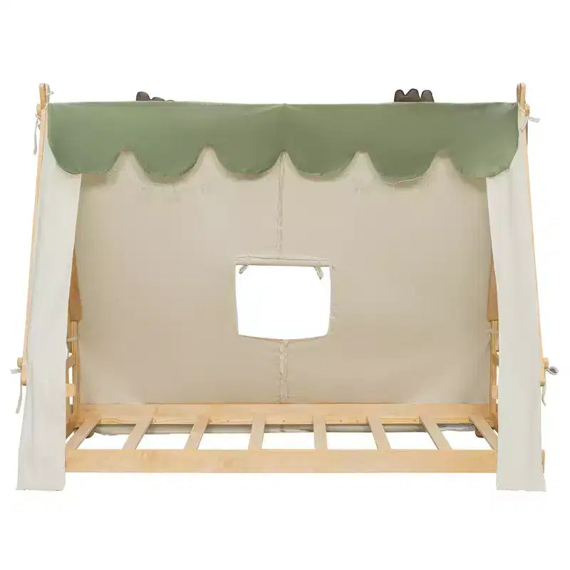 Twin/Full Size House Bed with Light and Tent, Montessori Floor Bed Play and Sleep Bed for Girls Boys Bedroom
