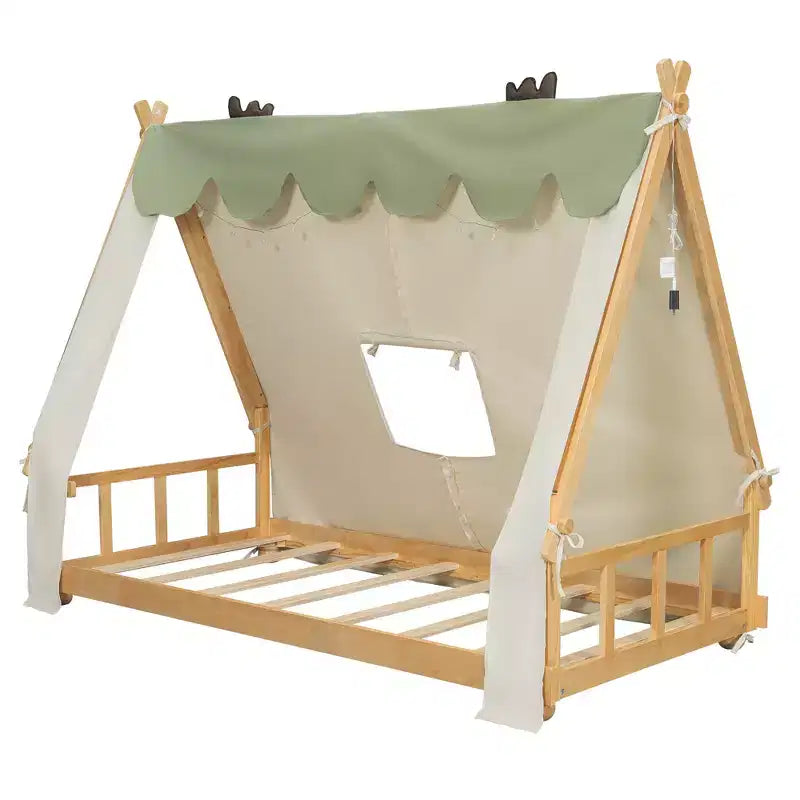 Twin/Full Size House Bed with Light and Tent, Montessori Floor Bed Play and Sleep Bed for Girls Boys Bedroom