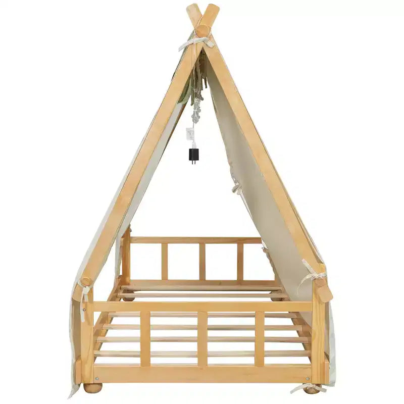 Twin/Full Size House Bed with Light and Tent, Montessori Floor Bed Play and Sleep Bed for Girls Boys Bedroom