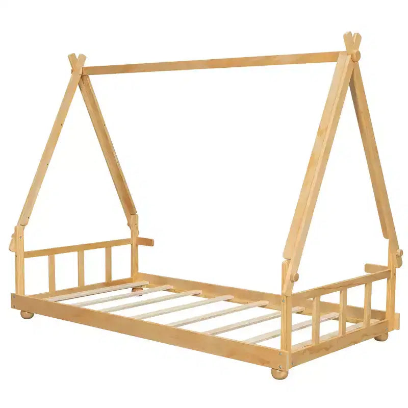 Twin/Full Size House Bed with Light and Tent, Montessori Floor Bed Play and Sleep Bed for Girls Boys Bedroom