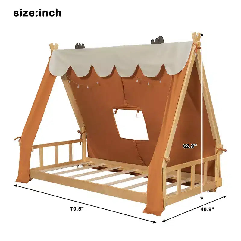 Twin/Full Size House Bed with Light and Tent, Montessori Floor Bed Play and Sleep Bed for Girls Boys Bedroom