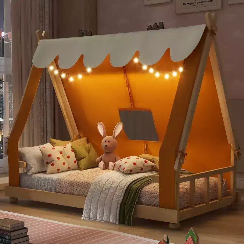 Twin/Full Size House Bed with Light and Tent, Montessori Floor Bed Play and Sleep Bed for Girls Boys Bedroom