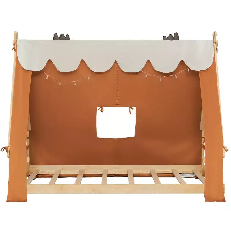 Twin/Full Size House Bed with Light and Tent, Montessori Floor Bed Play and Sleep Bed for Girls Boys Bedroom
