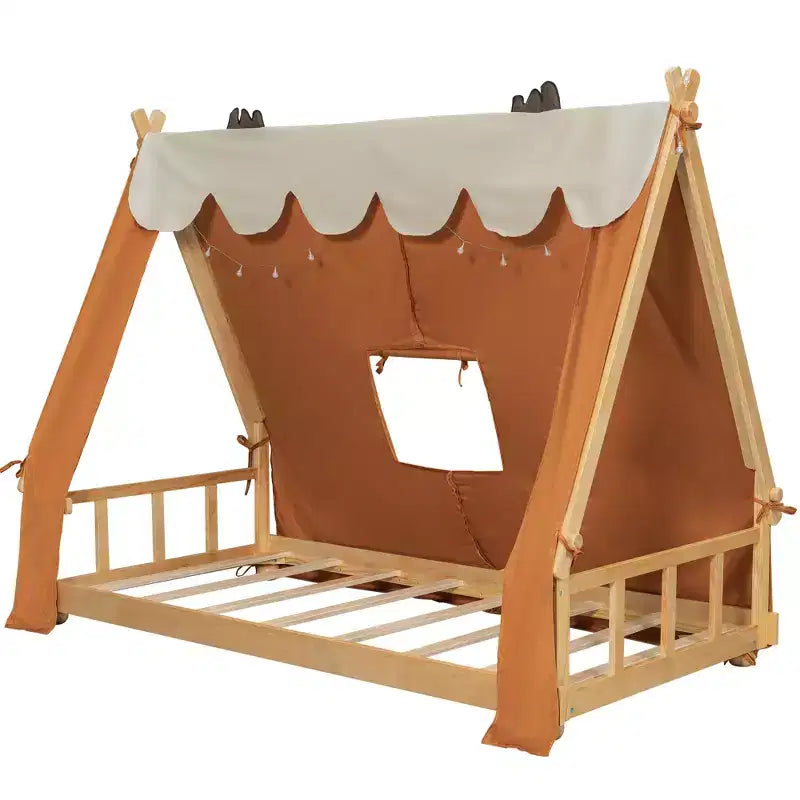 Twin/Full Size House Bed with Light and Tent, Montessori Floor Bed Play and Sleep Bed for Girls Boys Bedroom