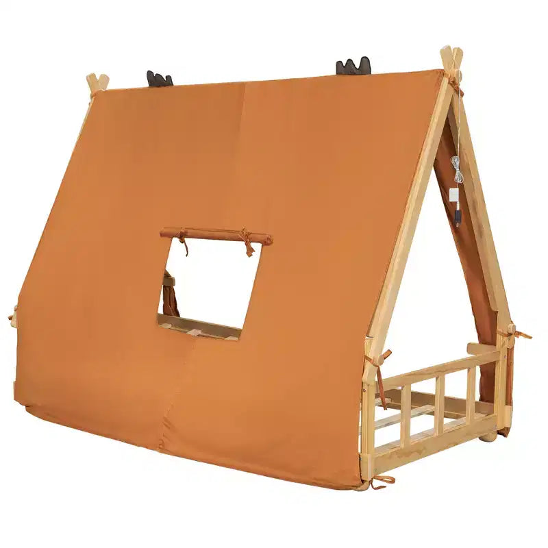 Twin/Full Size House Bed with Light and Tent, Montessori Floor Bed Play and Sleep Bed for Girls Boys Bedroom