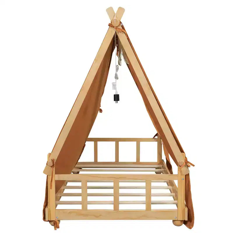 Twin/Full Size House Bed with Light and Tent, Montessori Floor Bed Play and Sleep Bed for Girls Boys Bedroom