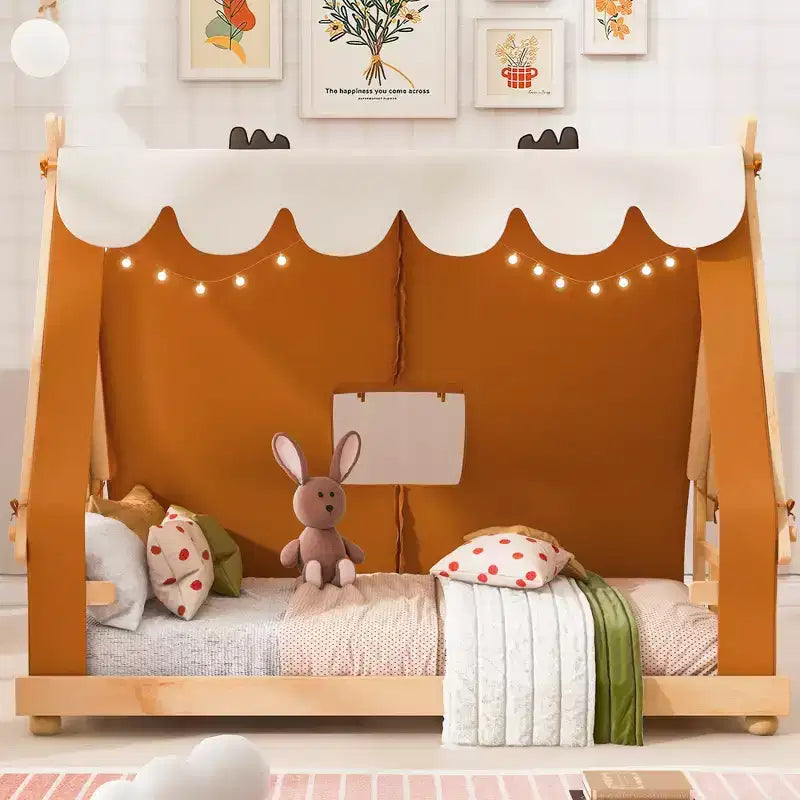 Twin/Full Size House Bed with Light and Tent, Montessori Floor Bed Play and Sleep Bed for Girls Boys Bedroom