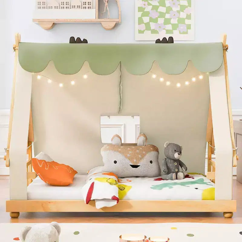 Twin/Full Size House Bed with Light and Tent, Montessori Floor Bed Play and Sleep Bed for Girls Boys Bedroom
