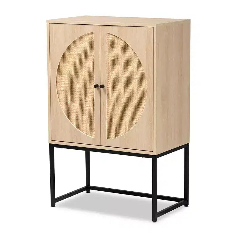 Ardon Bohemian Wood and Metal 2 Door Storage Cabinet with Rattan Light Brown/Black - Baxton Studio: Fixed Shelves, Boho Style