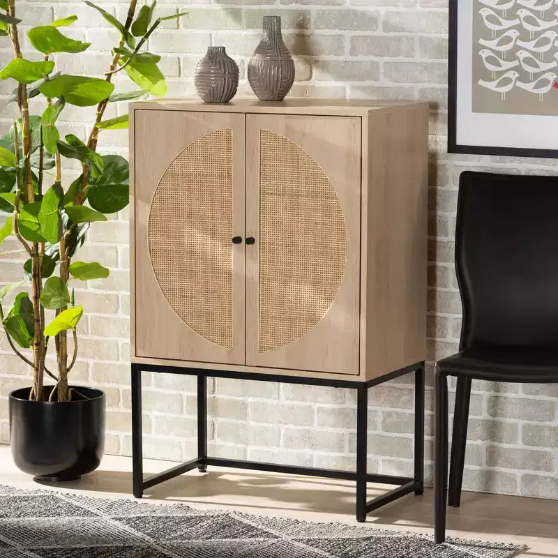 Ardon Bohemian Wood and Metal 2 Door Storage Cabinet with Rattan Light Brown/Black - Baxton Studio: Fixed Shelves, Boho Style