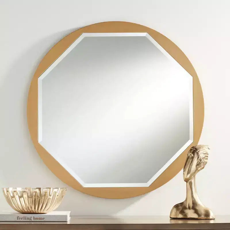 Noble Park Round Vanity Accent Wall Mirror Modern Beveled Octagonal Brushed Gold Frame 32 Wide for Bathroom Bedroom Living Room